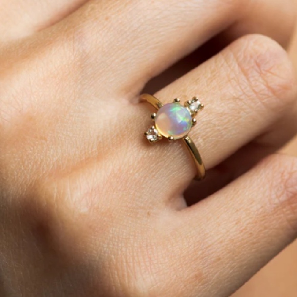 Minette Celine 14k gold filled brass Opal and white topaz ring size 5